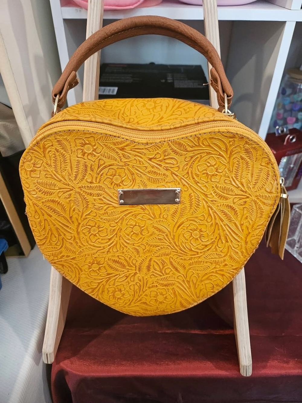 Yellow Heart-Shaped Floral Embossed Crossbody Bag - Women's Top-Handle Purse